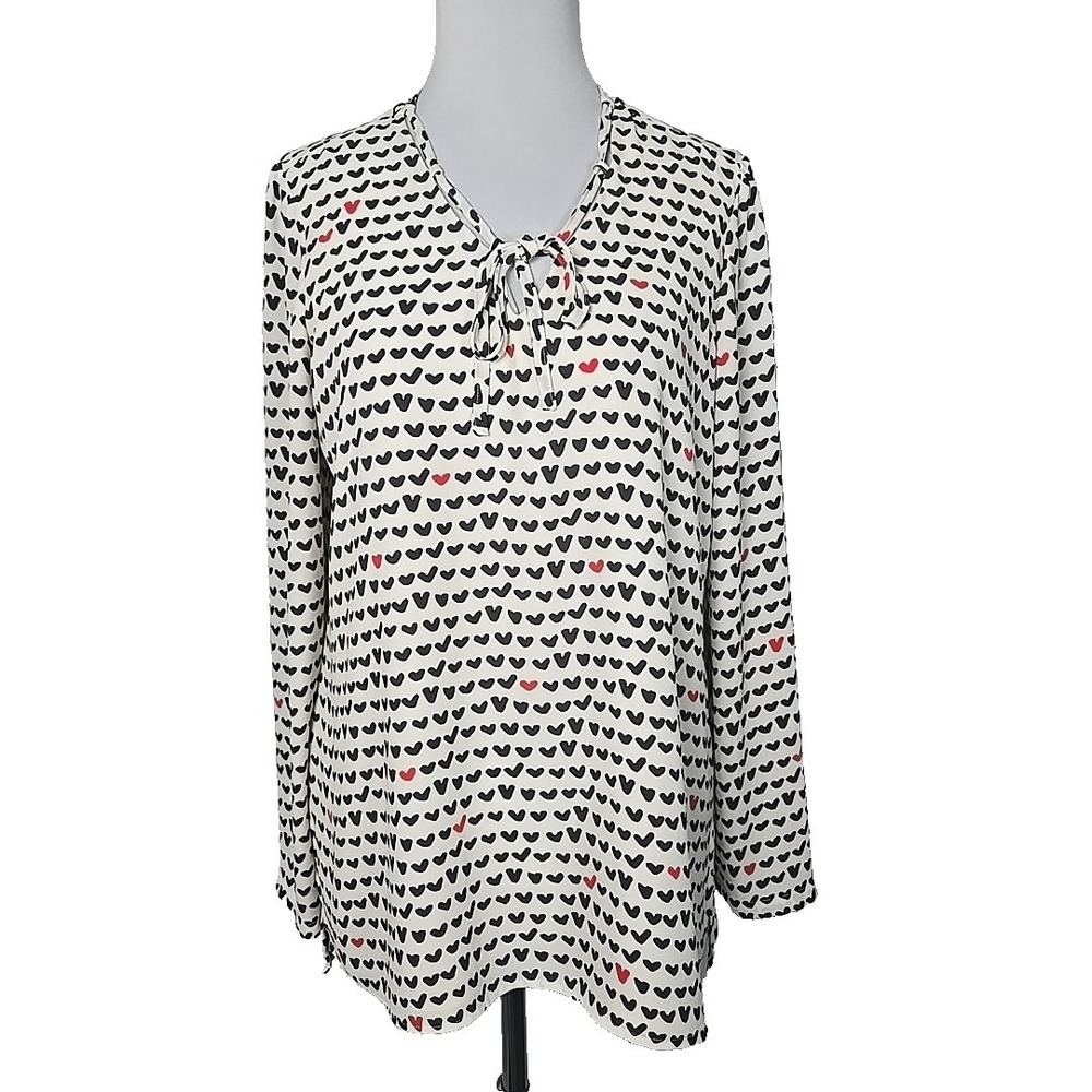 Nic + Zoe Cream Geometric Print Long Sleeve Chiffon Tie Front Blouse Top Small S